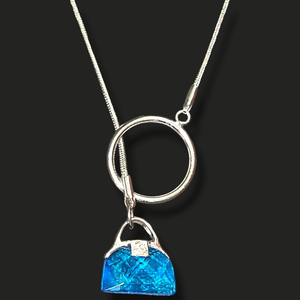 Vintage Silver Tone Blue Crystal Purse Charm Lariat Necklace 22"